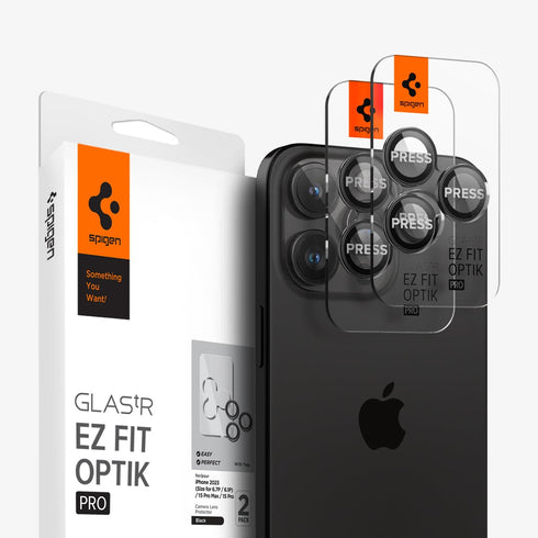 AGL07163 - iPhone 15 Pro / 15 Pro Max Optik Pro Lens Protector in natural titanium showing the device